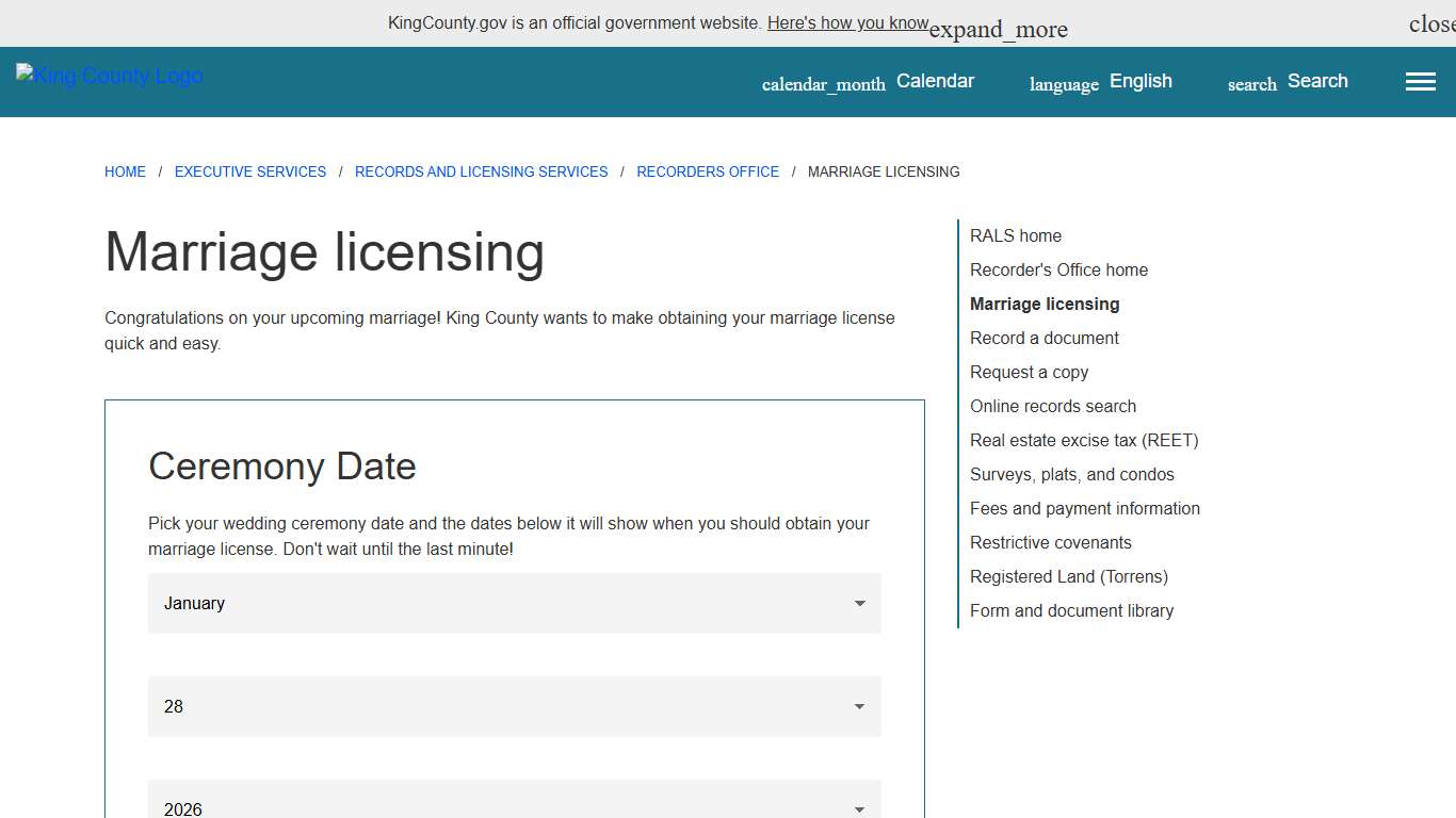 Marriage licensing - King County, Washington